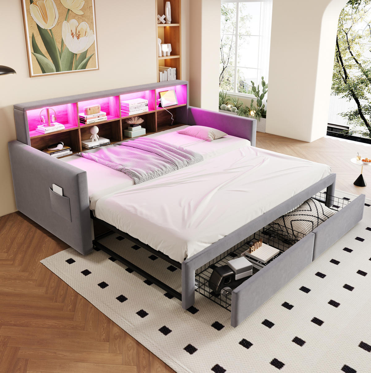 ČALÚNENÁ posteľ 90/190 cm rozkladacia na 180 cm s LED, úložným čelom a zásuvkami, svetlosivý zamat - svetlosivá, textil (90/190cm) - Redom