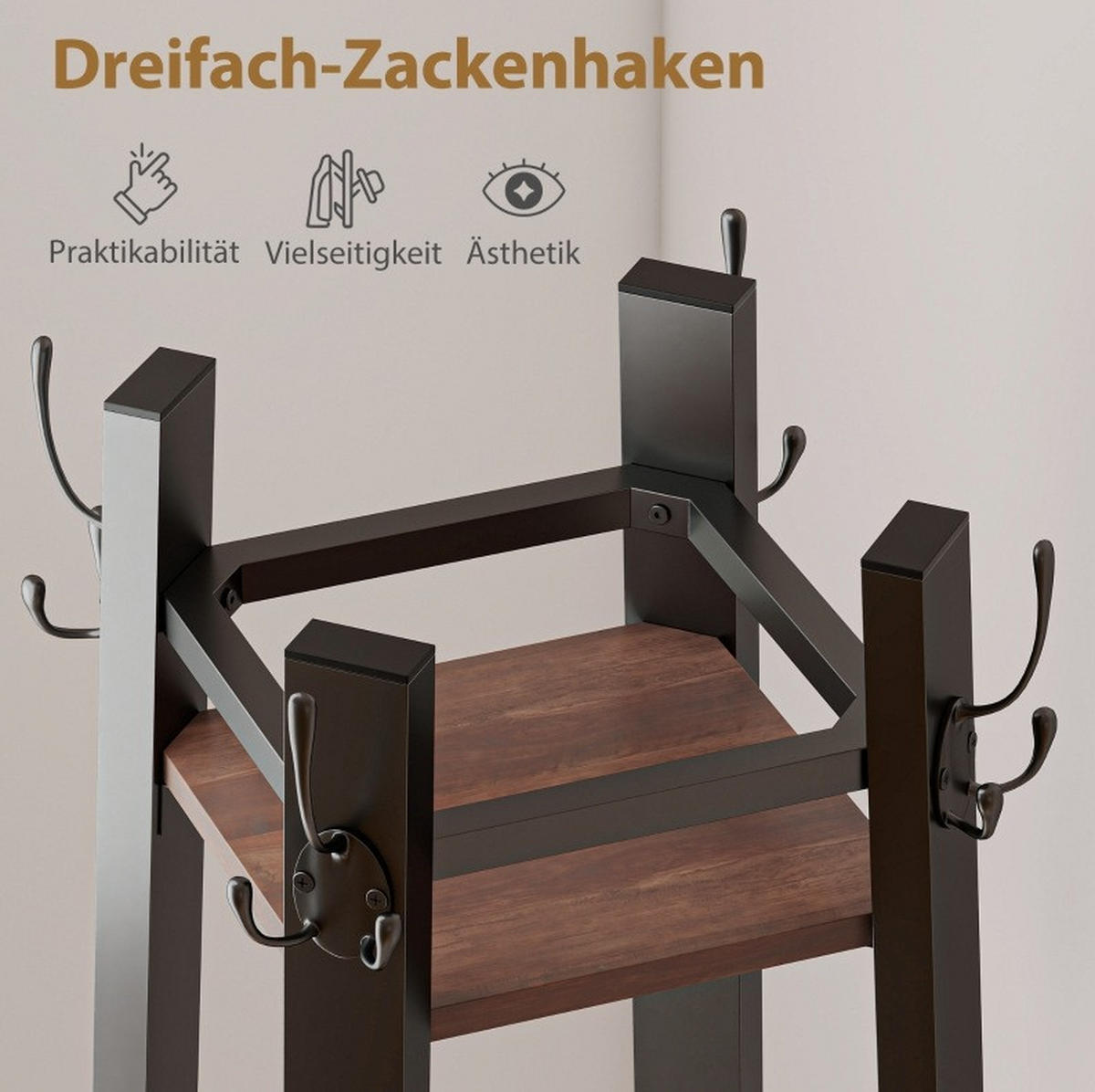 STANDGARDEROBE mit 8 Haken und 4 Ablagen, Industrial-Look, 34,8/34,8/179 cm - Braun, Holz (34.8/179/34.8cm) - BEAOK