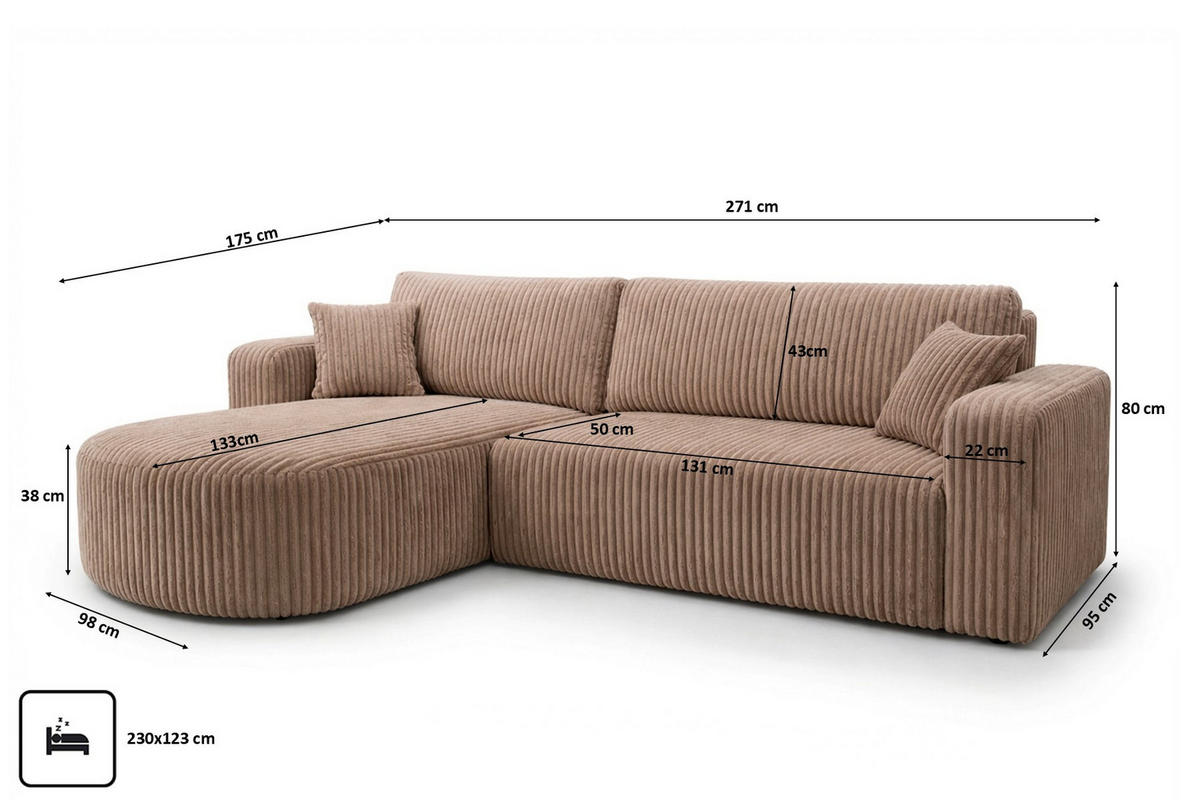 ECKSOFA Mit Schlaffunktion, Cordstoff Tilia, Braun, Links, ROUND ONE XL - Braun, Holz (271/175cm) - Kaiser Möbel
