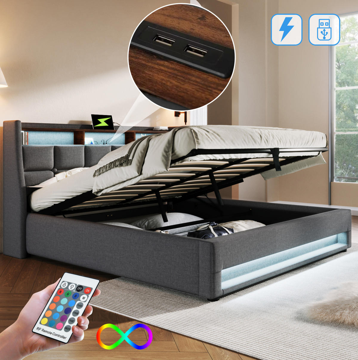 POLSTERBETT 180/200 cm Grau mit LED-Beleuchtung, USB und Bettkasten - Grau, Textil (180/200cm) - Flora Grace