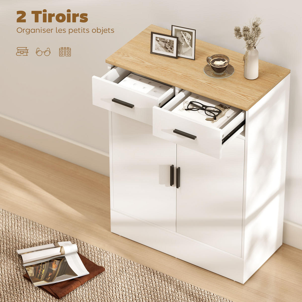 SIDEBOARD Weiß und Naturholz-Optik, 2 Türen, 2 Schubladen, 68,6/35/90,3 cm - Weiß, Holz (68.6/90.3/35cm) - PANGIVO