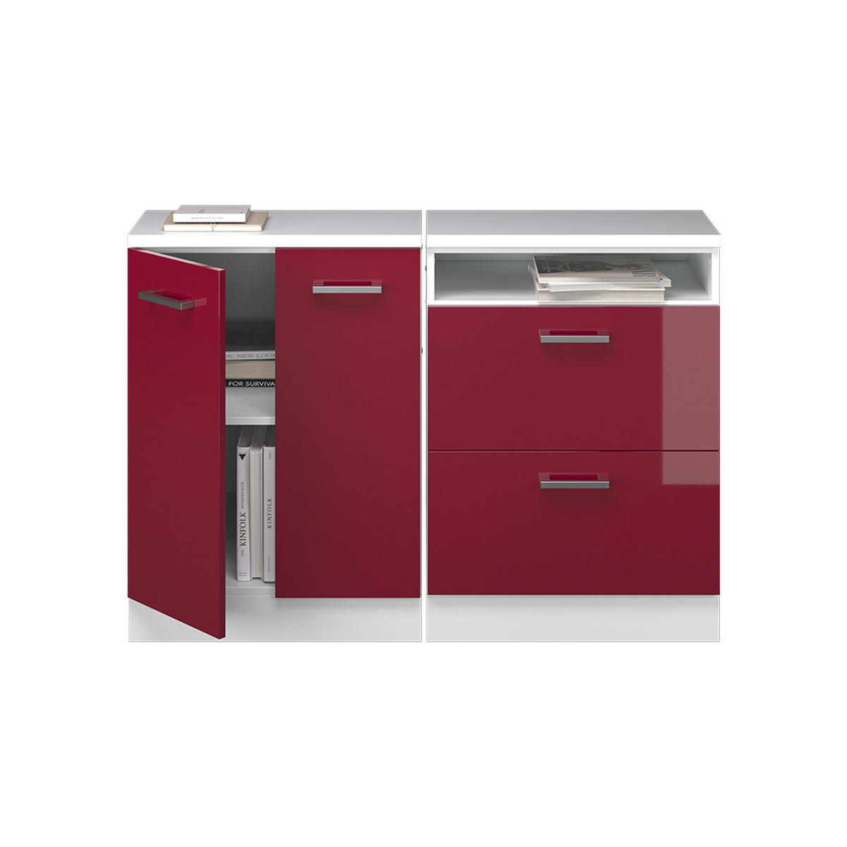 KUHINJSKI ORMAR ZA KOSINE KROVA R-Line Crveni visoki sjaj 120 cm Set od 2 korpusa ormara, dubina 60 cm - bijela/crvena, drvni materijal (120/83.8/60cm) - Vicco