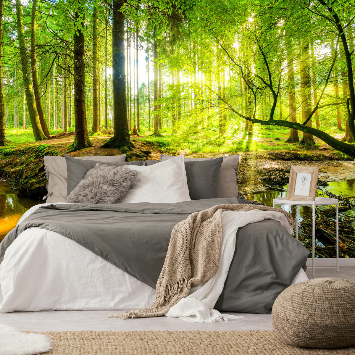 FOTOTAPETE für Wohnzimmer Waldlandschaft Bäume Blätter Frühling Grün 200x140 - Gelb/Orange, Papier (200/140cm) - Muralo