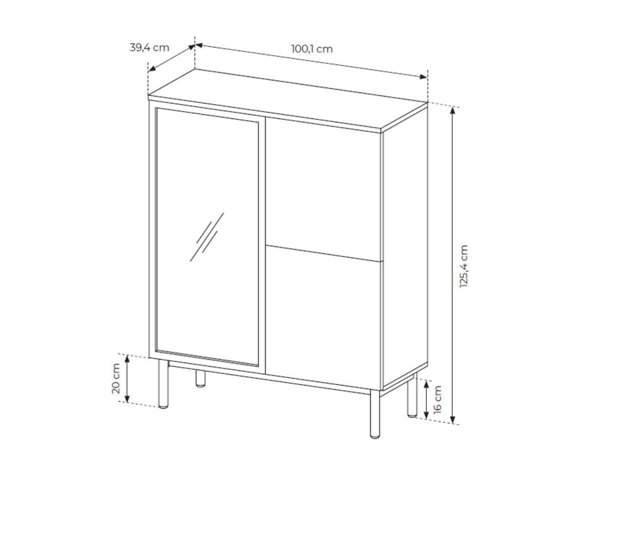 VITRINE Lango 125 Schwarz mit Eiche Evoke, Glasvitrine mit Led-Beleuchtung - Hellbraun/Schwarz, Holzwerkstoff (100/125/39cm) - Bettso