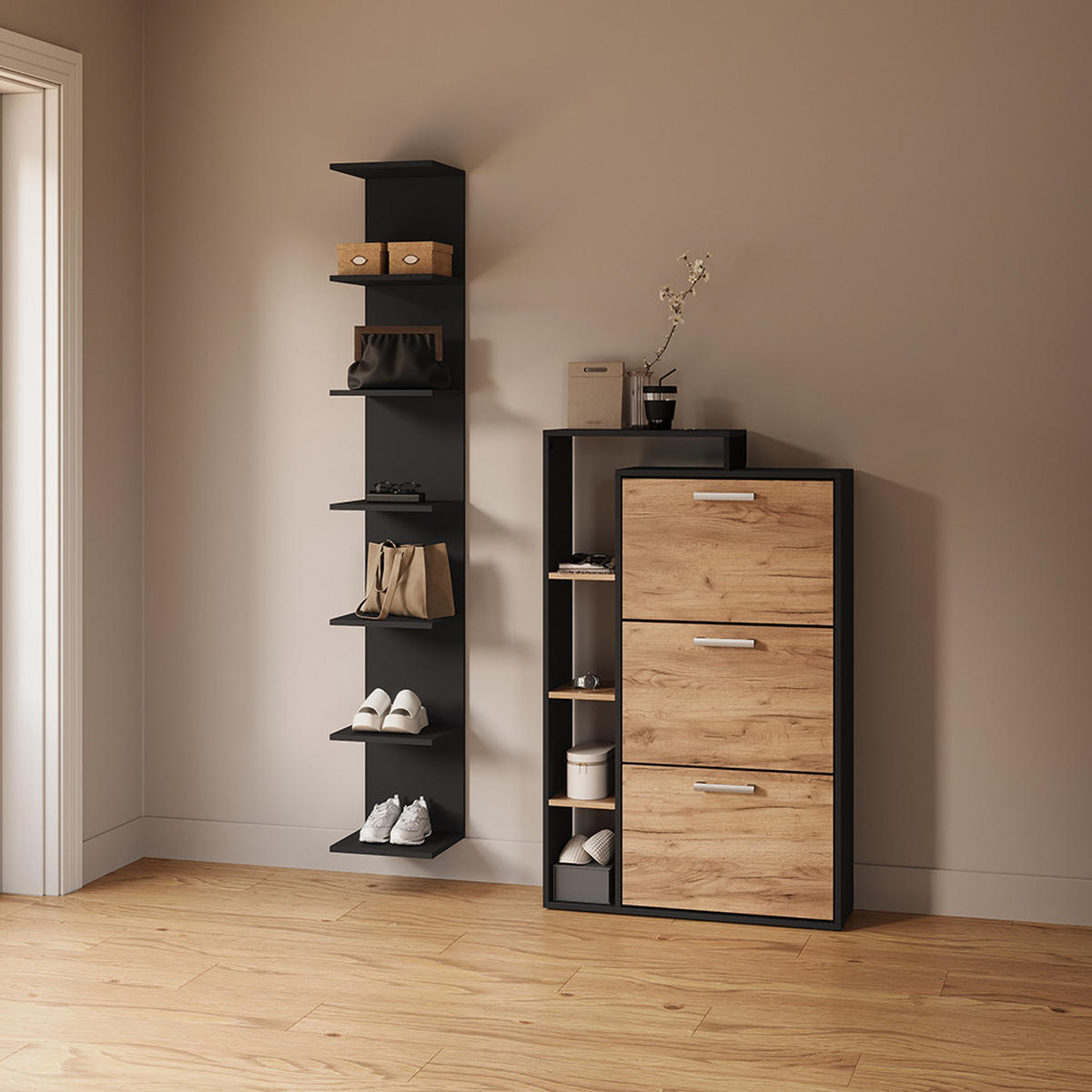 WANDREGAL Vesuvio Schwarz 30 x 190 cm - Schwarz, Holzwerkstoff (30/190/28cm) - Livinity®