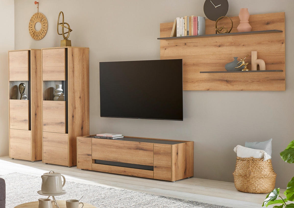 WOHNWAND Evoke Eiche, grau, Wohnkombination Set 4-teilig, 340 cm - Eichefarben/Grau, Glas/Holz (340/170/45cm) - Furn.Design