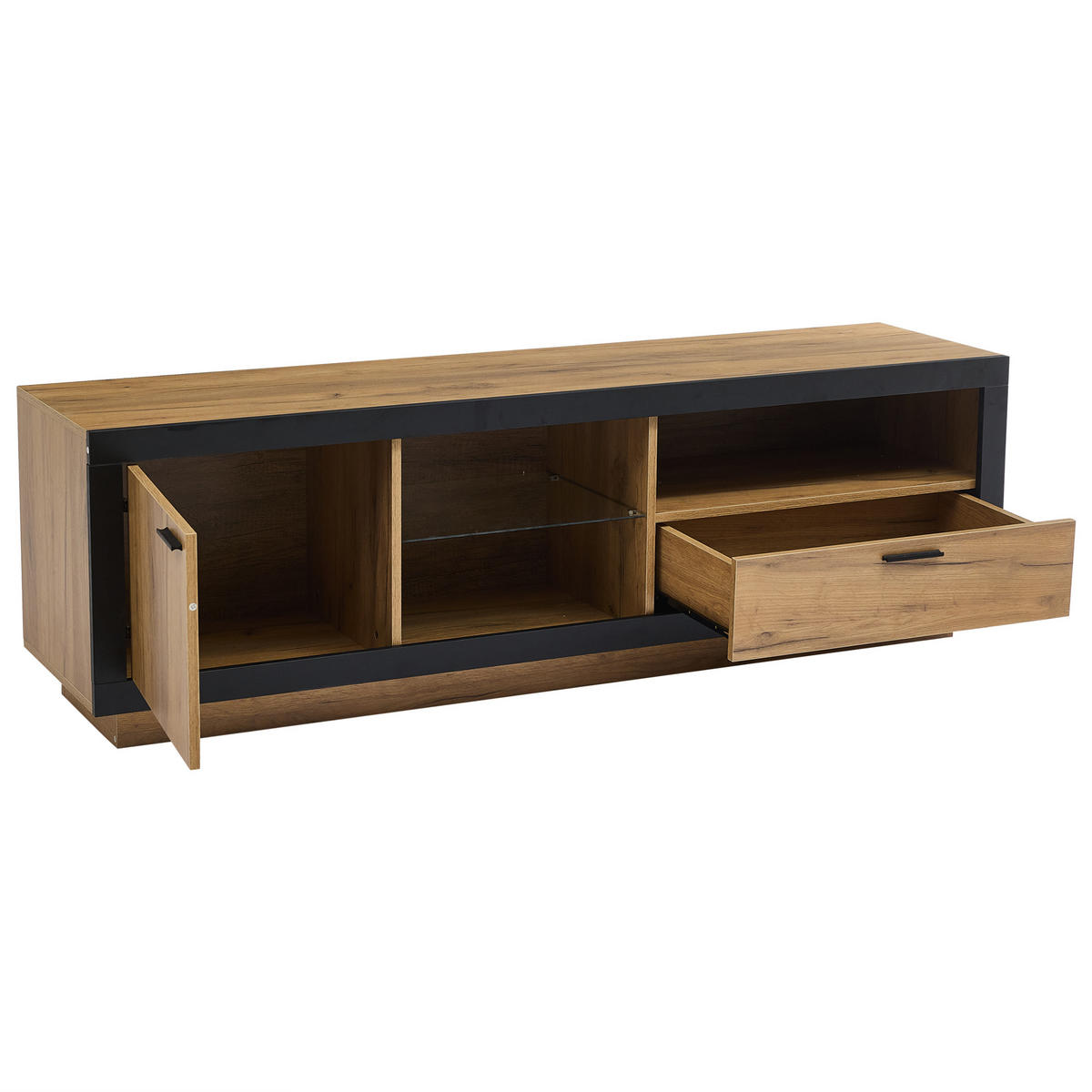 TV-ELEMENTLED 160x40x50cm mit App-Steuerung und Glasböden Schwarz-Eiche - Schwarz, Holz (50.8/14.61/74.3cm) - Raelunyi