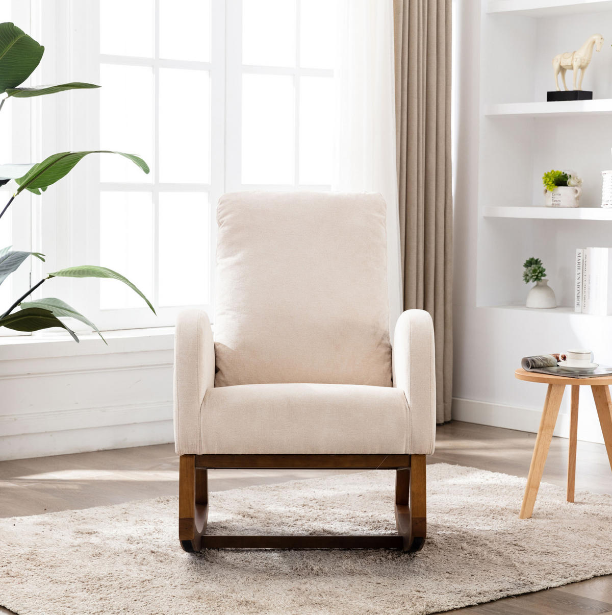 SCHAUKELSTUHL Leinen mit hoher Rückenlehne, Seitentasche 69/94/101 cm Beige bis 150 kg - Beige, Textil (94/101/69cm) - Redom