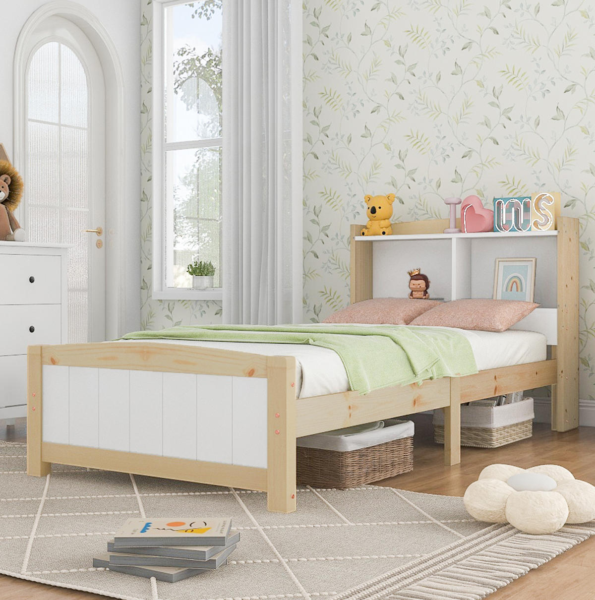 EINZELBETT 90/200 cm mit Stauraum-Kopfteil und Lattenrost, Weiß/Natur - Naturfarben, Holz - Redom