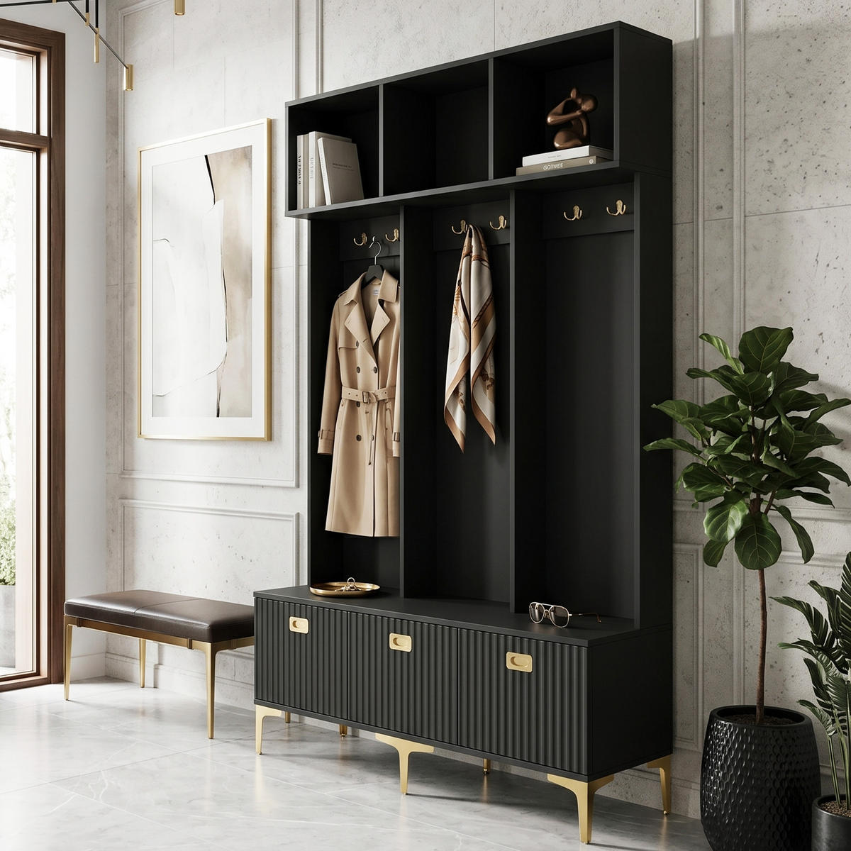 GARDEROBE in Schwarz und Gold, mit Sitzbank und 6 Haken - Schwarz, Holzwerkstoff (120/191/40cm) - Urban Meuble