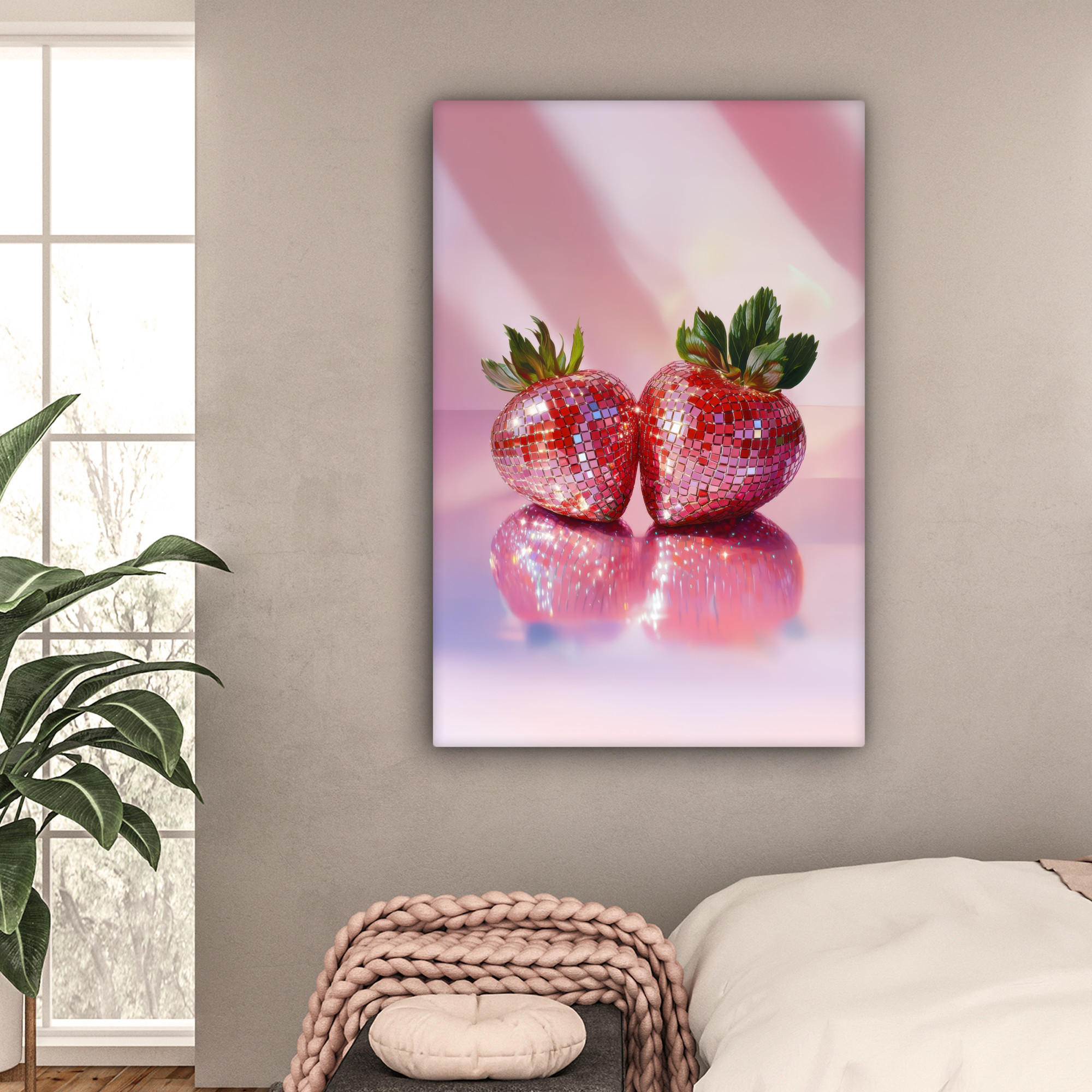 LEINWANDBILD Disco - Obst - Glitzer - Erdbeere 80x120 cm - Pink, Textil (80/120cm) - MuchoWow