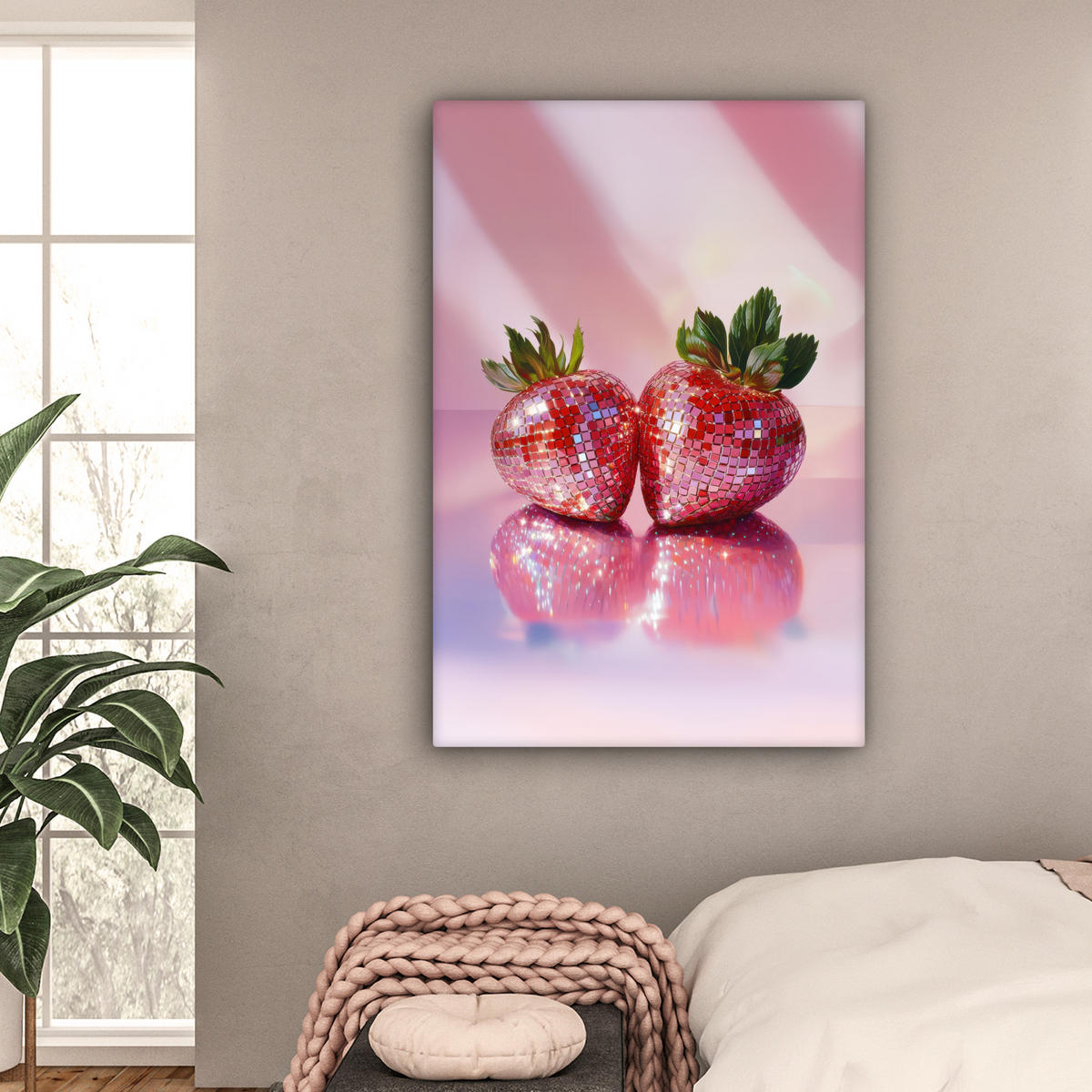 LEINWANDBILD Disco - Obst - Glitzer - Erdbeere 80x120 cm - Pink, Textil (80/120cm) - MuchoWow