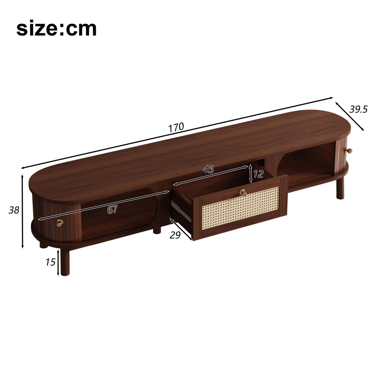 LOWBOARD in Naturfarben TV-Schrank mit Schubladen aus Rattan für Wohnzimmer, B170/T39.5/H38 cm - Naturfarben, Holzwerkstoff (170/38/39.5cm) - STILVORA