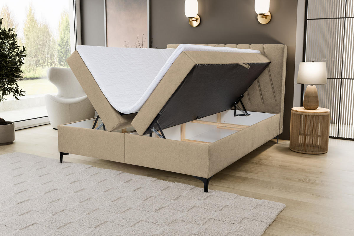 BOXBETT CAPRI mit 2 Bettkästen, Maße: 180x200 cm, Farbe: Hellbraun, Velourstoff, mit Bonell-Matratze inkl. Topper - Hellbraun, Holz/Kunststoff (180/200cm) - VENASI MÖBEL