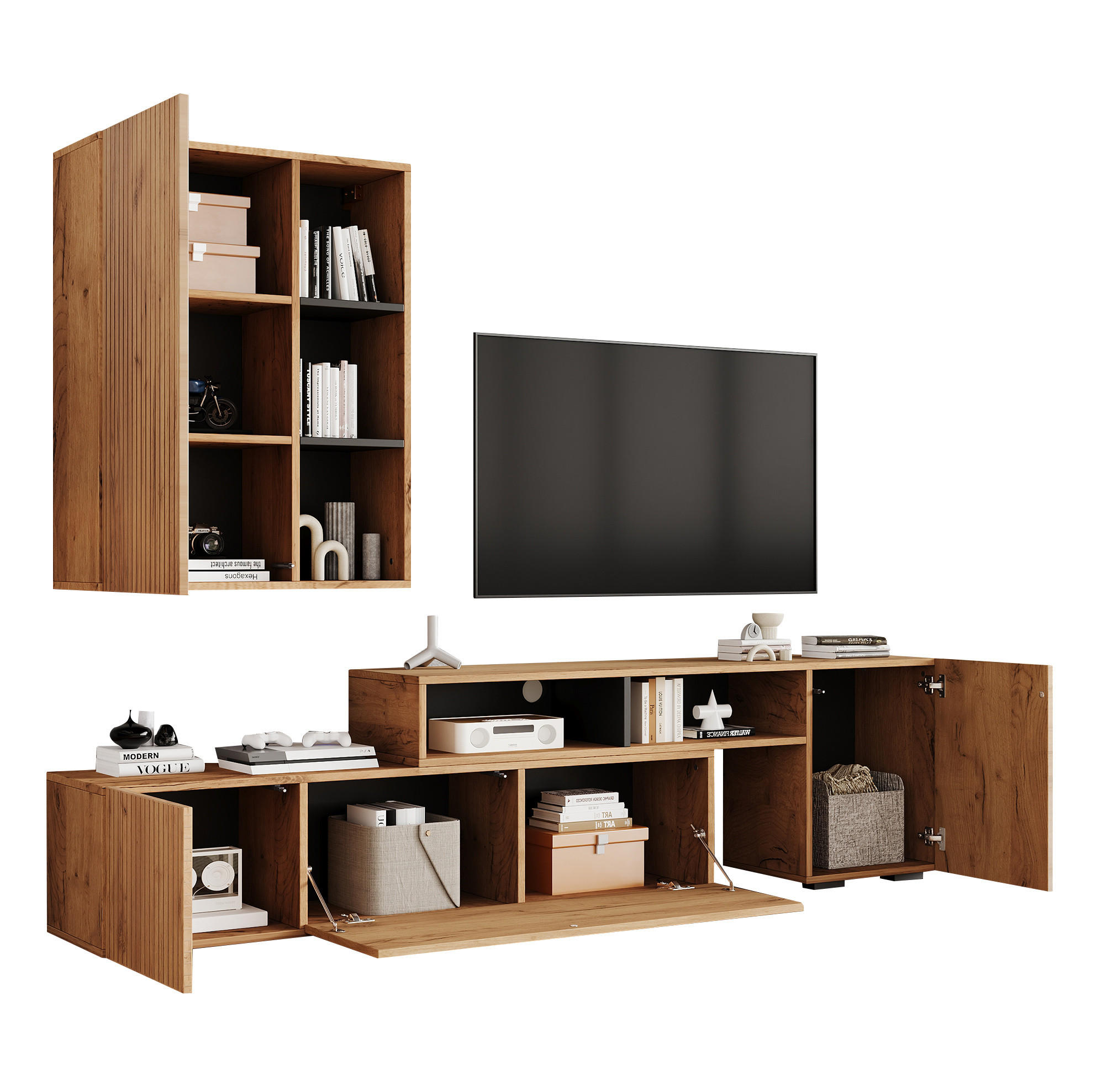 Modfu OBÝVACÍ stěna z dřevotřísky 135x35x53.5 cm dubová a černá s nastavitelnou TV skříňkou a nástěnnou skříňkou