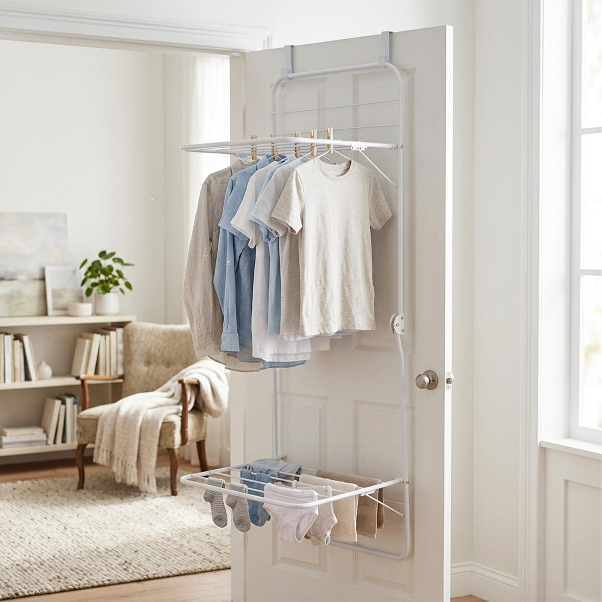 TORKSTÄLLNING vit för dörr 2 fällbara vingar stål 120 cm - Vit, Metall/Plast (51/120/41cm) - Relaxdays
