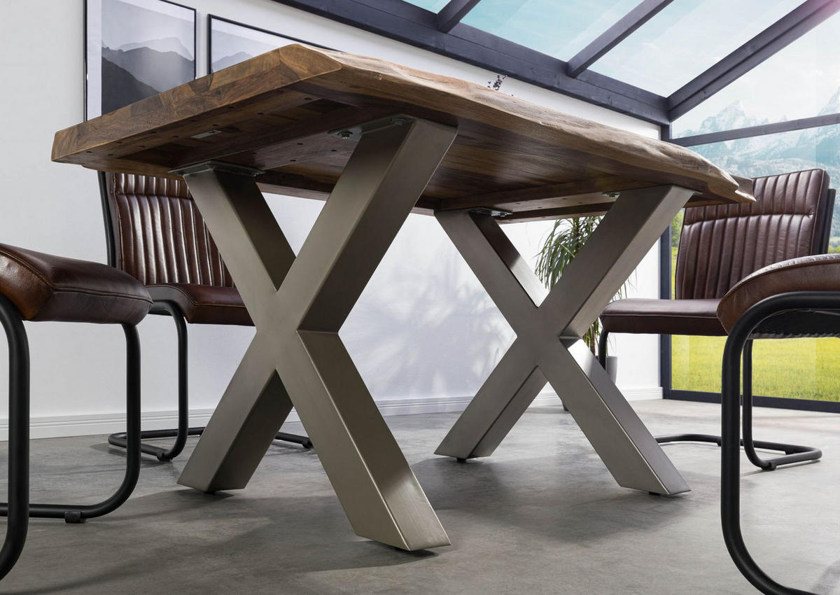 BAUMTISCH Sheesham 160x90x77 natur gebeizt / X-Beine silber matt FREEFORM 5 - Silberfarben/Naturfarben, Holz (160/90/77cm) - Massivmoebel24
