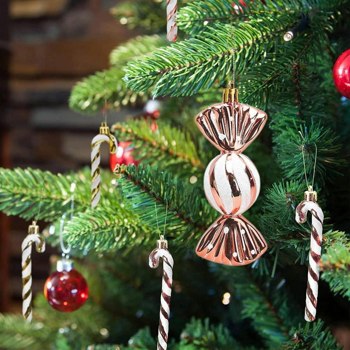 WEIHNACHTSBAUMSCHMUCK 18-teiliges Set Zuckerstangen & Kugeln Roségold - Pink, Kunststoff (5/3/14cm)