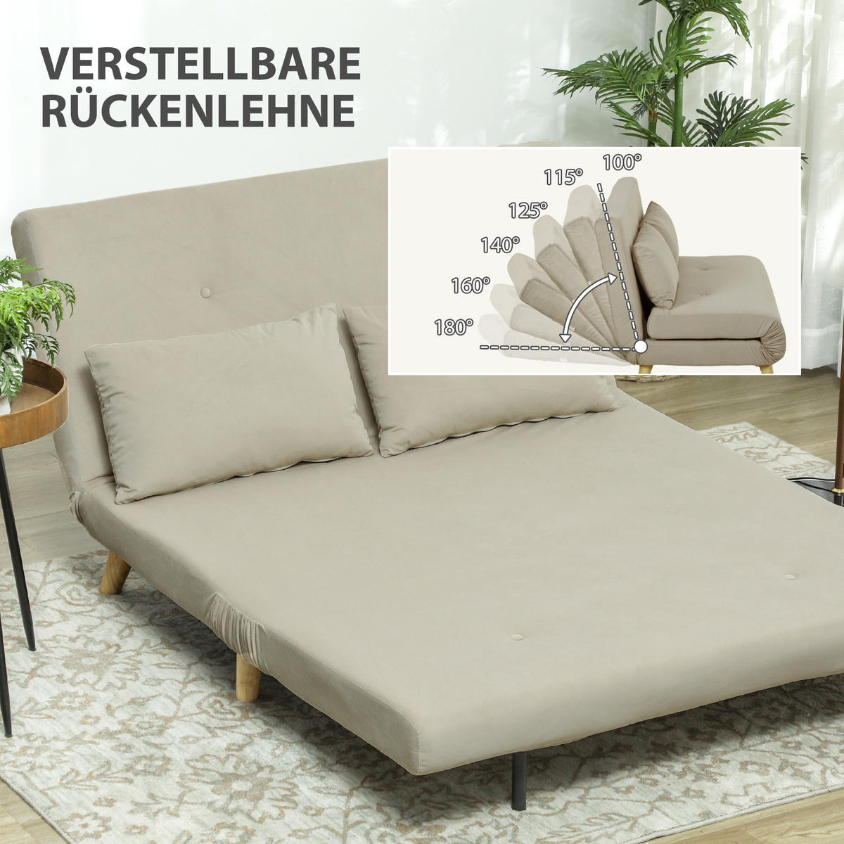 SCHLAFSOFA Sofa mit Schlaffunktion 130 X 78 cm Couch mit Lendenkissen, Beige - Beige/Naturfarben, Holz/Textil (78/79/130cm) - HOMCOM