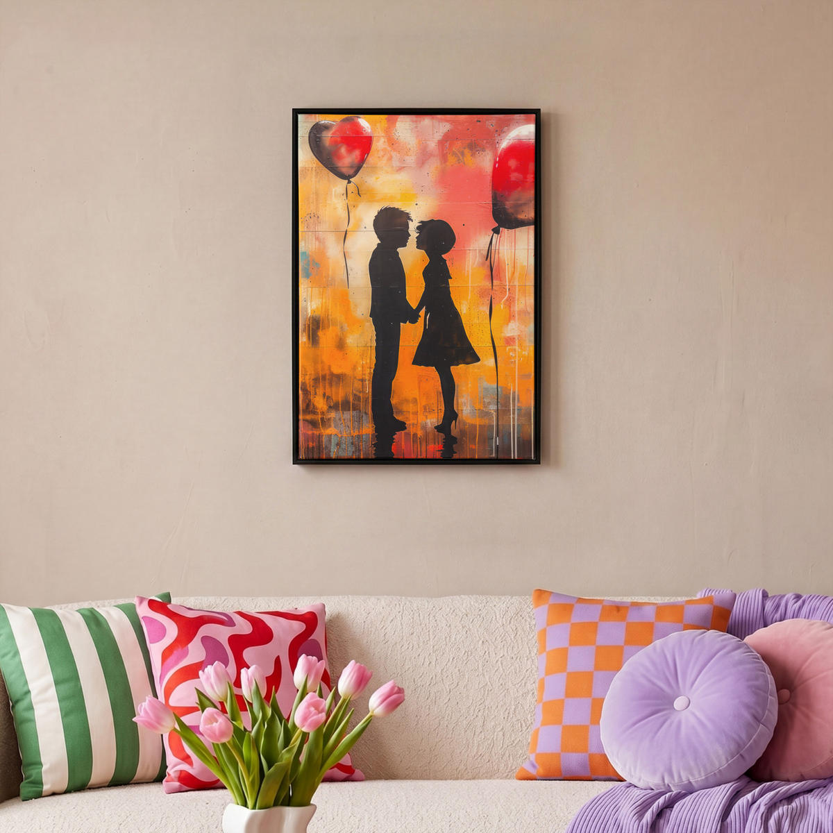 LEINWAND Bilder mit Rahmen - Straßenkunst - Liebe - Graffiti - Kunst - Banksy - 40x60 - Orange, Textil (40/60cm) - MuchoWow
