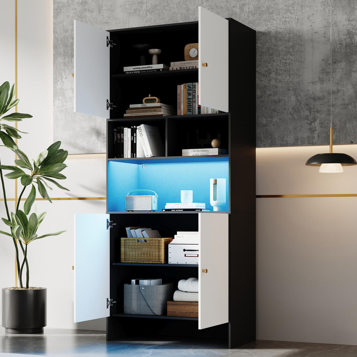 SIDEBOARD 80/40/185 cm mit 4 Türen & 3 offenen Fächern in Weiß/Schwarz - Weiß, Holzwerkstoff (80/185/40cm) - BEAOK