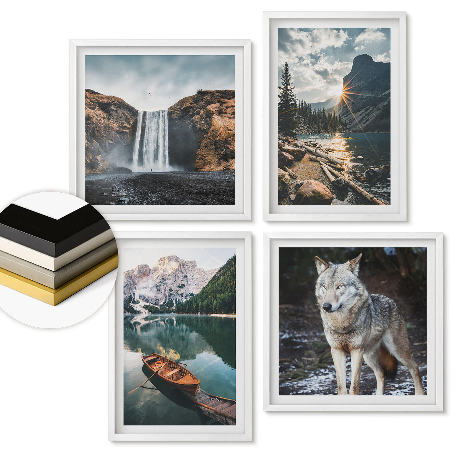 WANDBILDER 4er-Set - 50x50 cm & 40x60 cm Weißer Rahmen - Berge, Seen, Wasserfall, Wolf - Weiß, Kunststoff (50/50cm) - ArtPrintCave