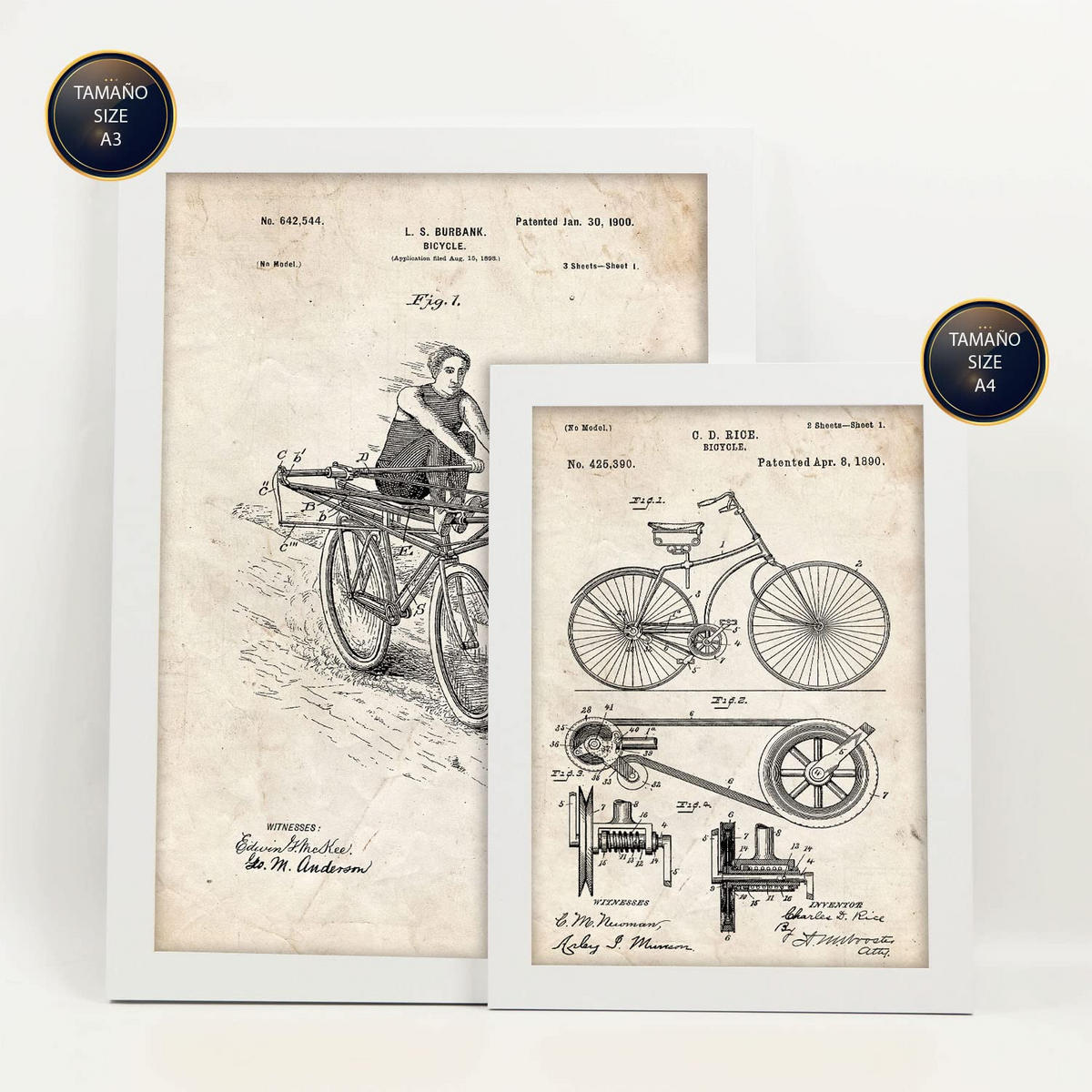 POSTER Set Mit 6 Plakaten Mit Fahrrad Patenten Im Vintage Stil A3 & A4 Weißer Rahmen - Weiß, Papier (29/3cm) - Nacnic