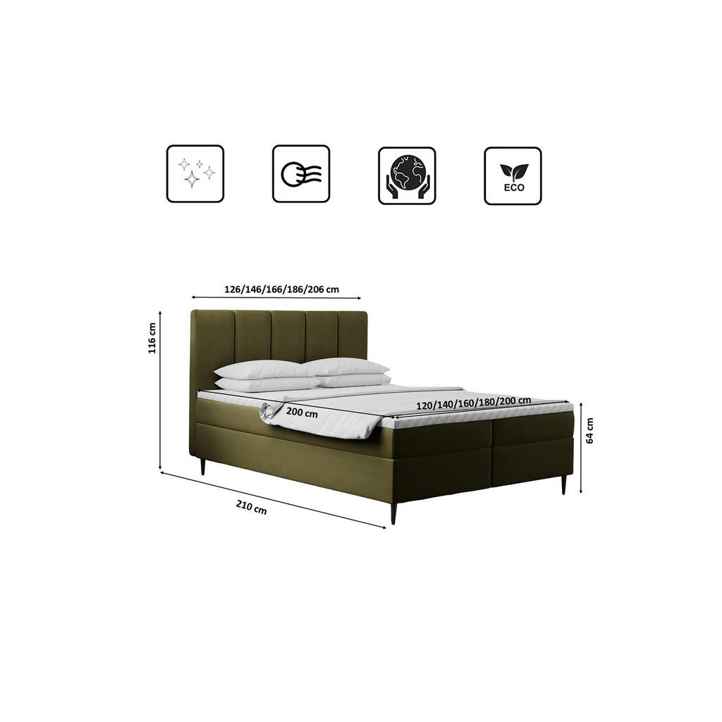 Thumbnail - Kaiser Möbel Boxbett, Olivgrün, Textil, H2, einzeln stellbar, 200x200 cm, Schlafzimmer, Betten, Boxspringbetten