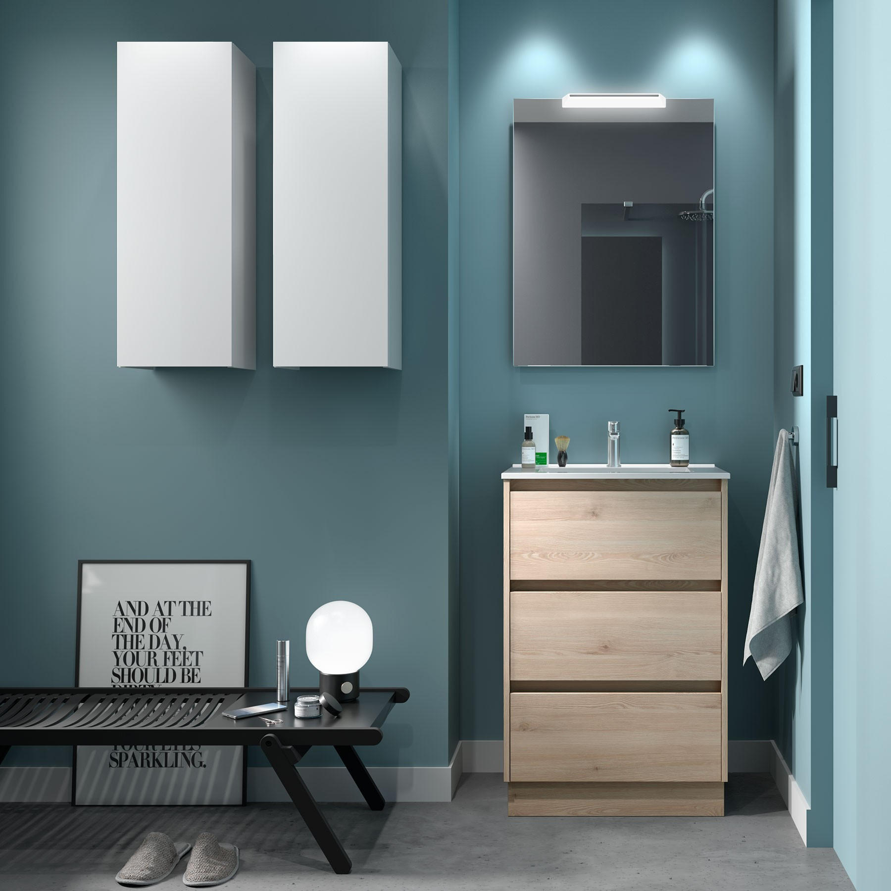 BADEZIMMERMÖBEL NOJA 600 3 Schubladen NATURAL + Waschtisch + Spiegel - Schwarz, Metall (45/81/60cm) - Salgar