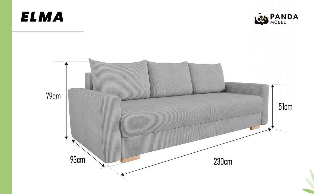 3-SITZER-SCHLAFSOFA ELMA mit Bettfunktion, hellgrau - Hellgrau, Holz (92.5/79/230cm) - Panda Möbel
