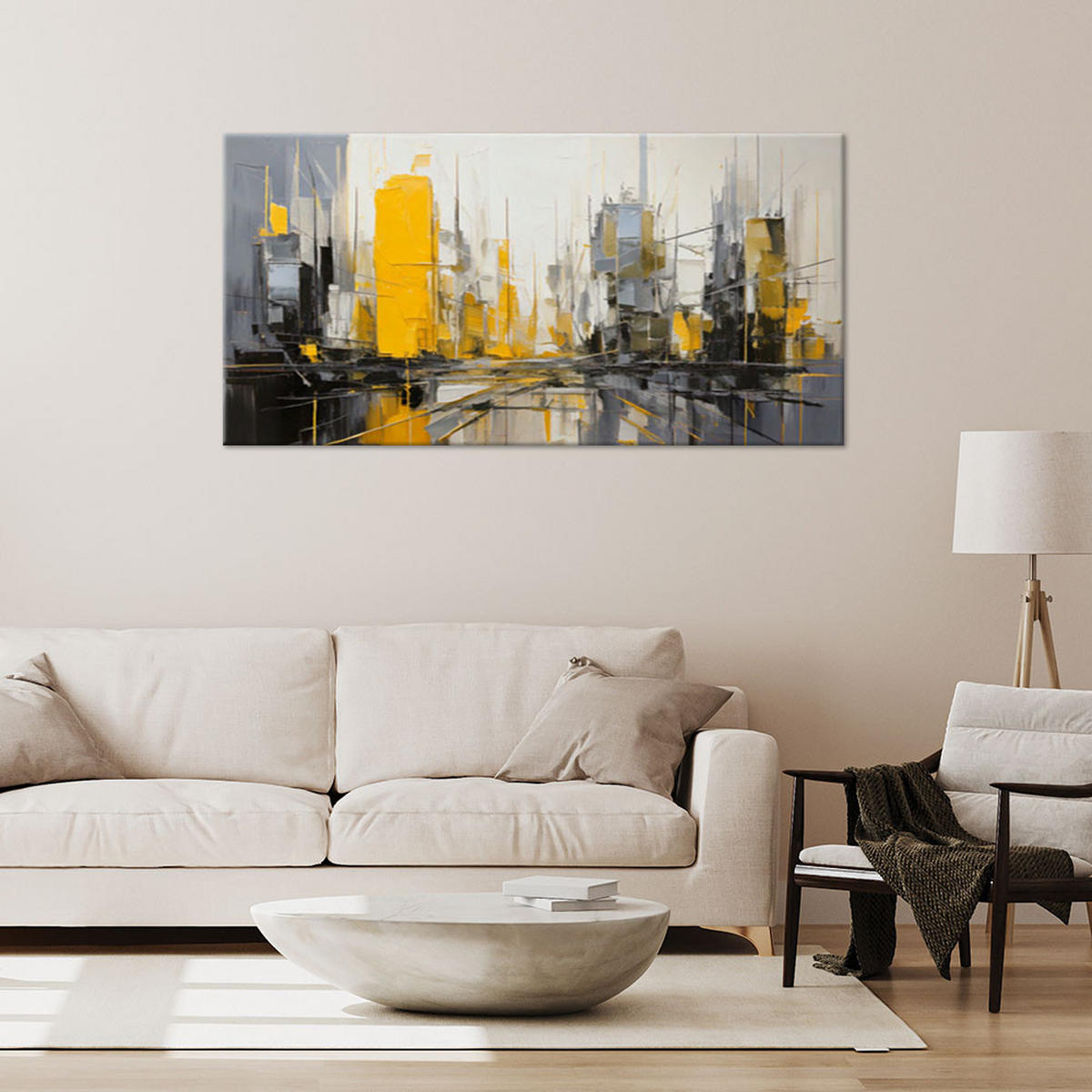 LEINWANDBILD Stadt Abstraktion Gelb Grau Minimalismus 120x60cm - Gelb, Textil (120/60cm) - Feeby