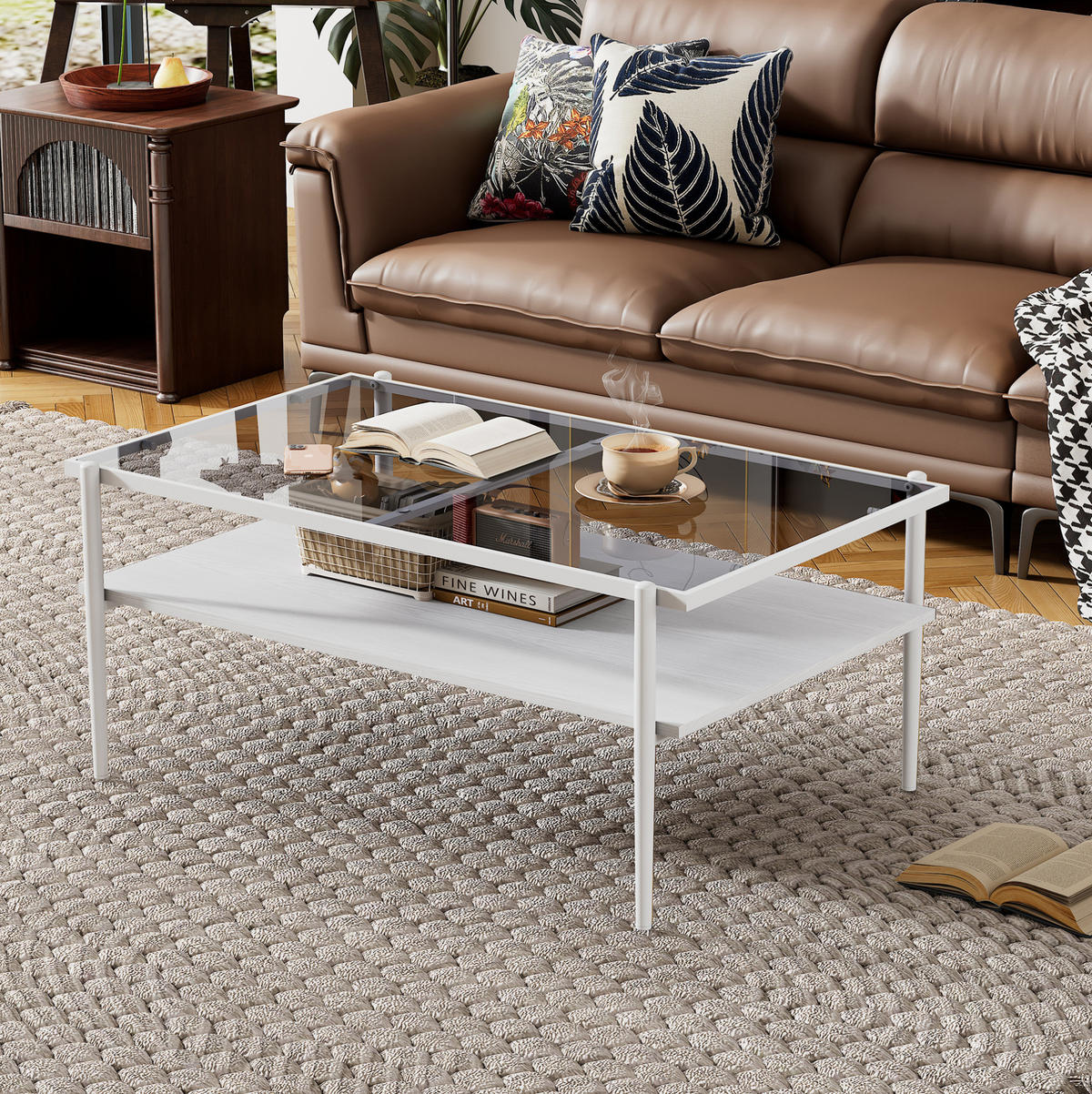COUCHTISCH aus gehärtetem Glas 97x61x45 cm Grau/Weiß mit MDF-Ablage und Eisenbeinen - Weiß, Glas (97.5/61.5/45cm) - IVMEU