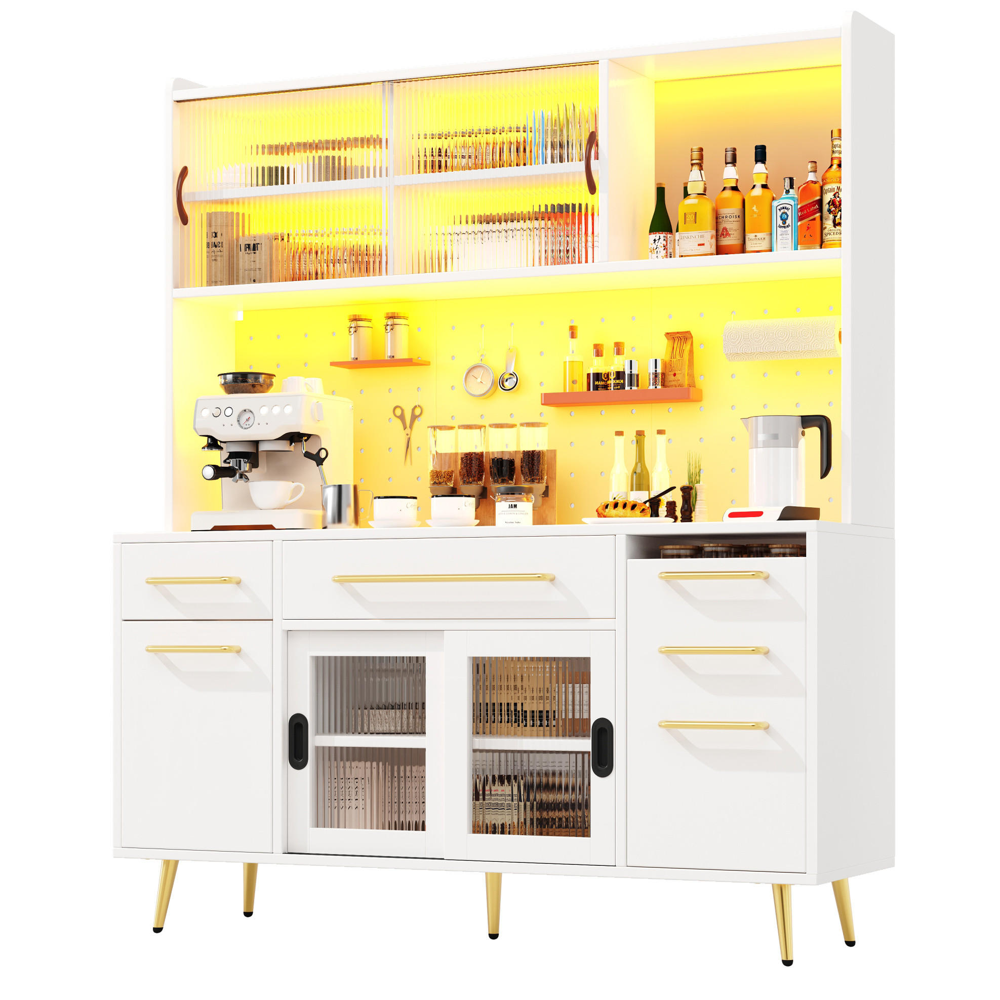 BUFFETSCHRANK 145/39/171 cm mit LED-Beleuchtung, Pegboard, 2 Schubladen und Schiebetür, Weiß - Weiß, Holzwerkstoff (145/171/39cm) - Redom