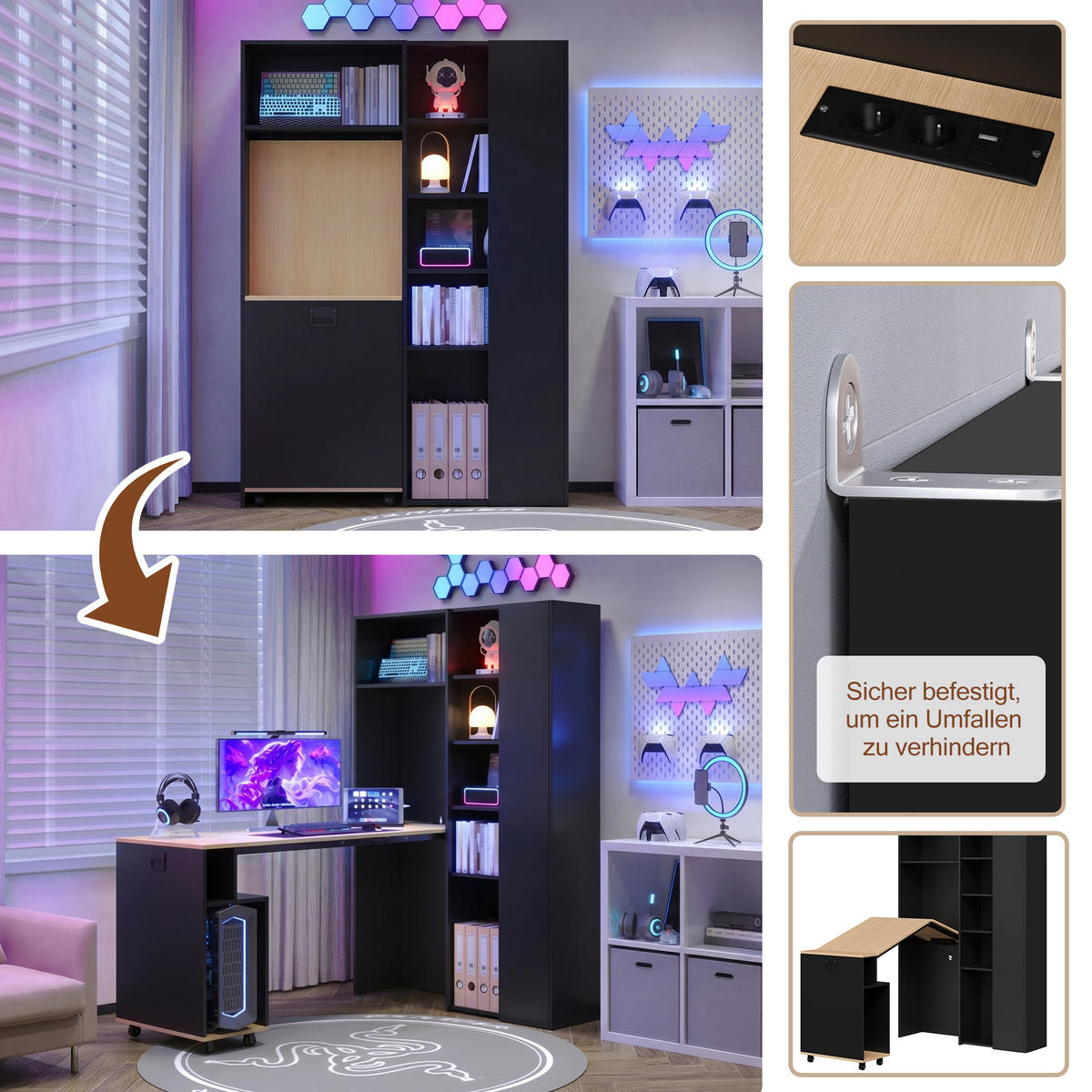 SCHREIBTISCH Klappbar mit Regal USB Steckdose Modern - Multicolor, Holzwerkstoff (30.5/104.5/160cm) - FLIEKS