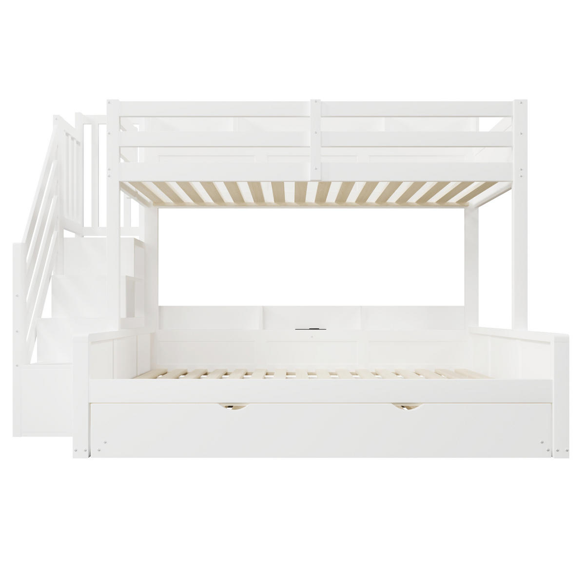 ETAGENBETT aus MDF und Kiefernholz 90x200/140x200 cm Weiß mit Ausziehbett, Stauraumtreppe und USB-Anschluss - Weiß, Holz (90/200cm) - Modfu
