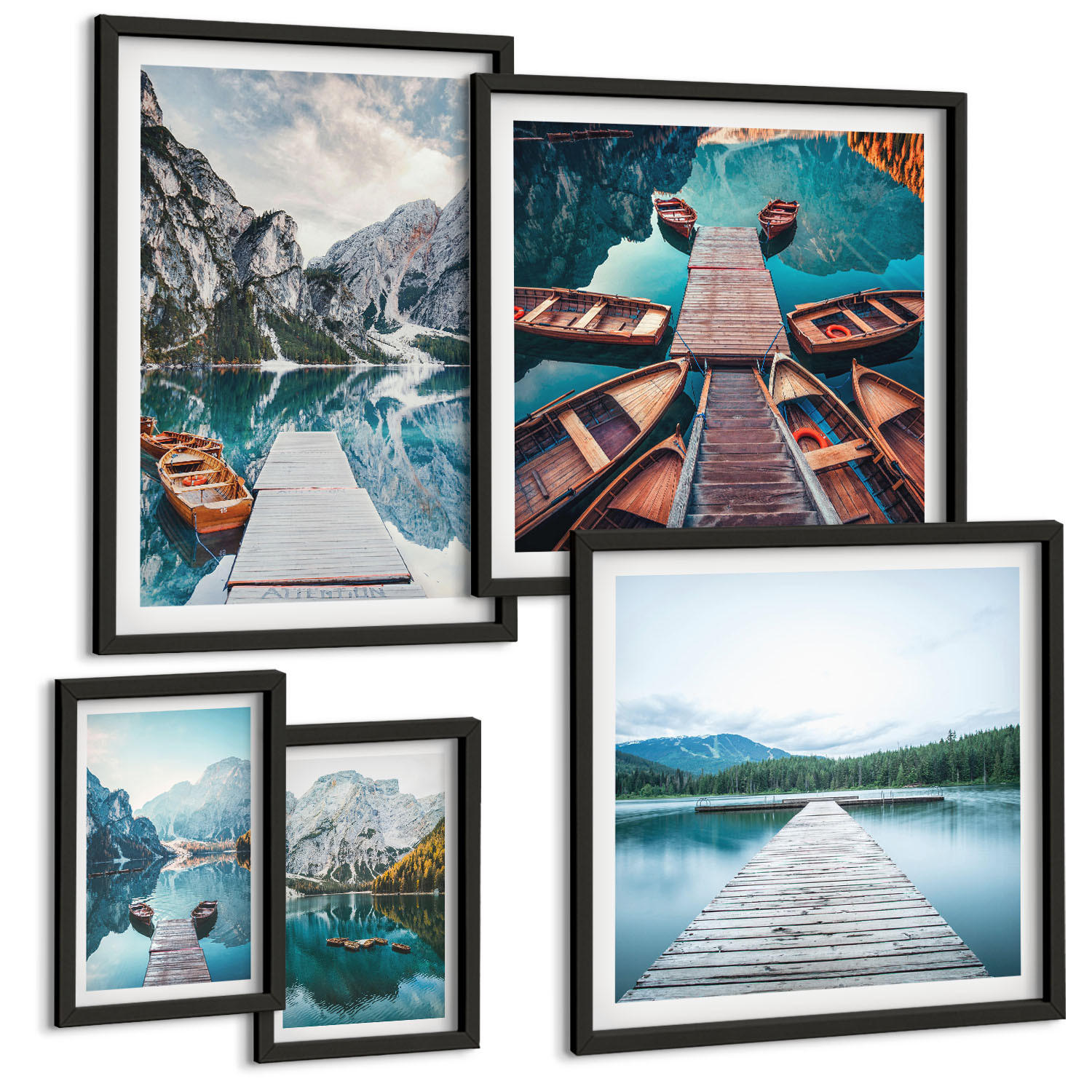 BILDER SET 5er Set - 50x50 cm & 20x30 cm & 40x60 cm Schwarzer Rahmen - Holzstege am See, Boote - Schwarz, Kunststoff (40/60cm) - TULUP