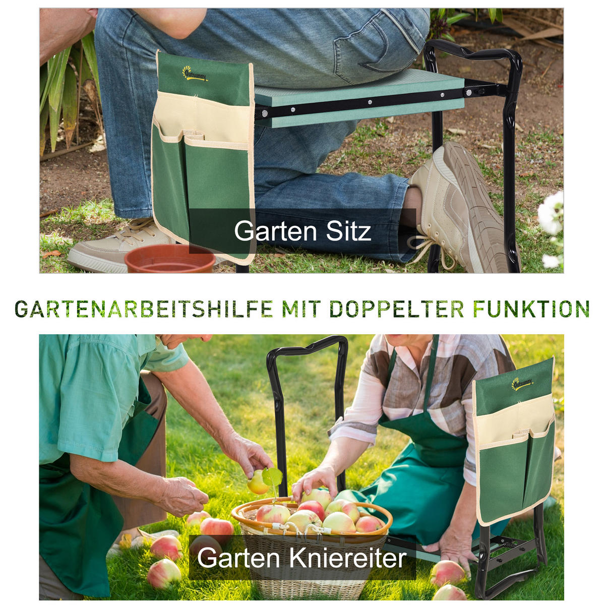 KNIEBANK mit Werkzeugtasche, EVA-Schaumstoff, 58 x 28 x 49 cm - Grün, Kunststoff (28/49/58cm) - Outsunny
