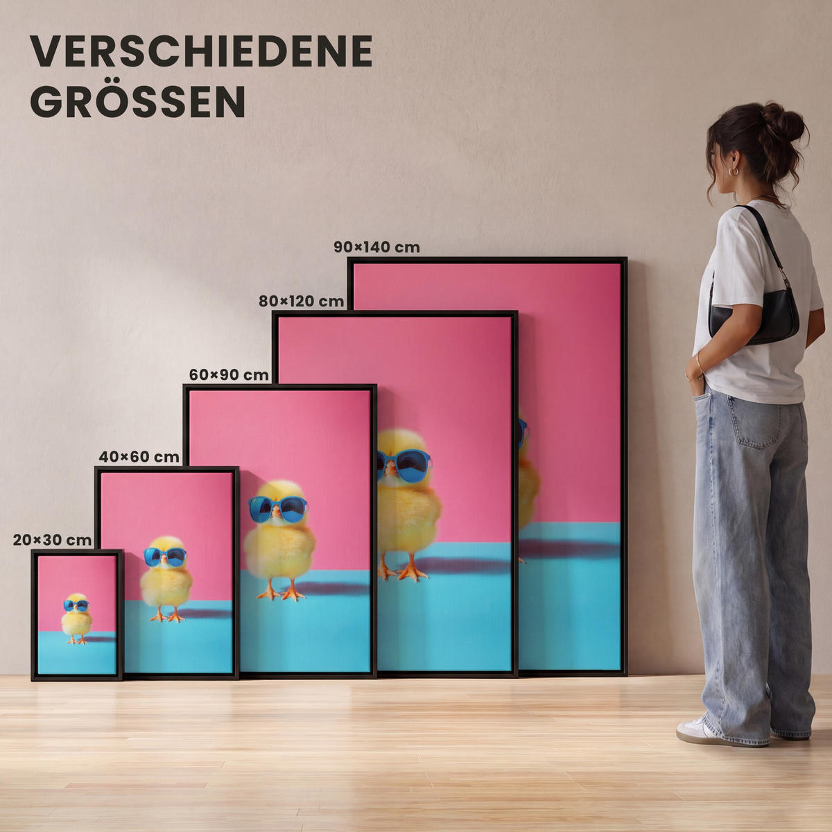 LEINWAND Bilder mit Rahmen - Chick - Sonnenbrille - Blau - 90x140 - Pink, Textil (90/140cm) - MuchoWow