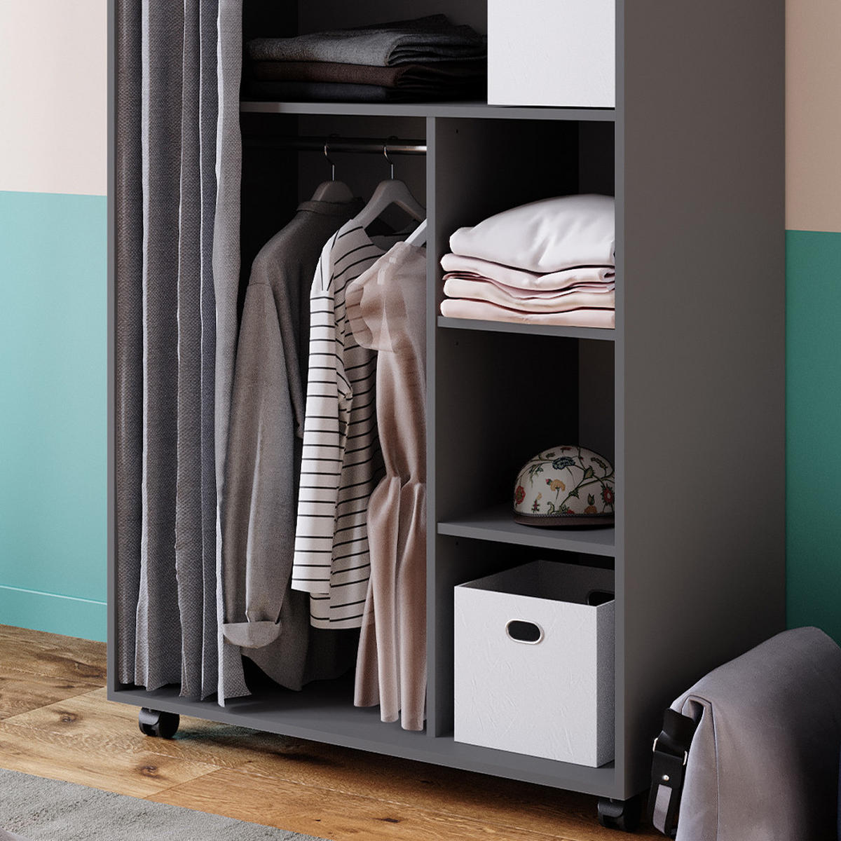 KLEIDERSCHRANK Doros Grau 100 x 146.6 cm mit Rollen - Grau, Holzwerkstoff (100/146.6/50cm) - Vicco