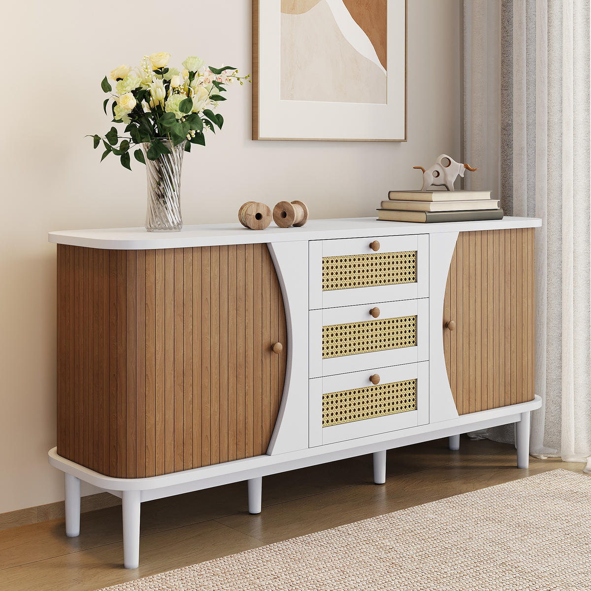 SIDEBOARD 140,5/40/76 cm in Weiß mit Rattan-Schubladen und verstellbaren Böden - Weiß, Holzwerkstoff (140.5/76/40cm) - Flora Grace