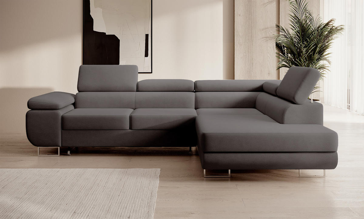ECKSOFA Stevil Dunkelgrau Velours - Dunkelgrau/Silberfarben, Textil/Metall (275/203cm) - Selsey