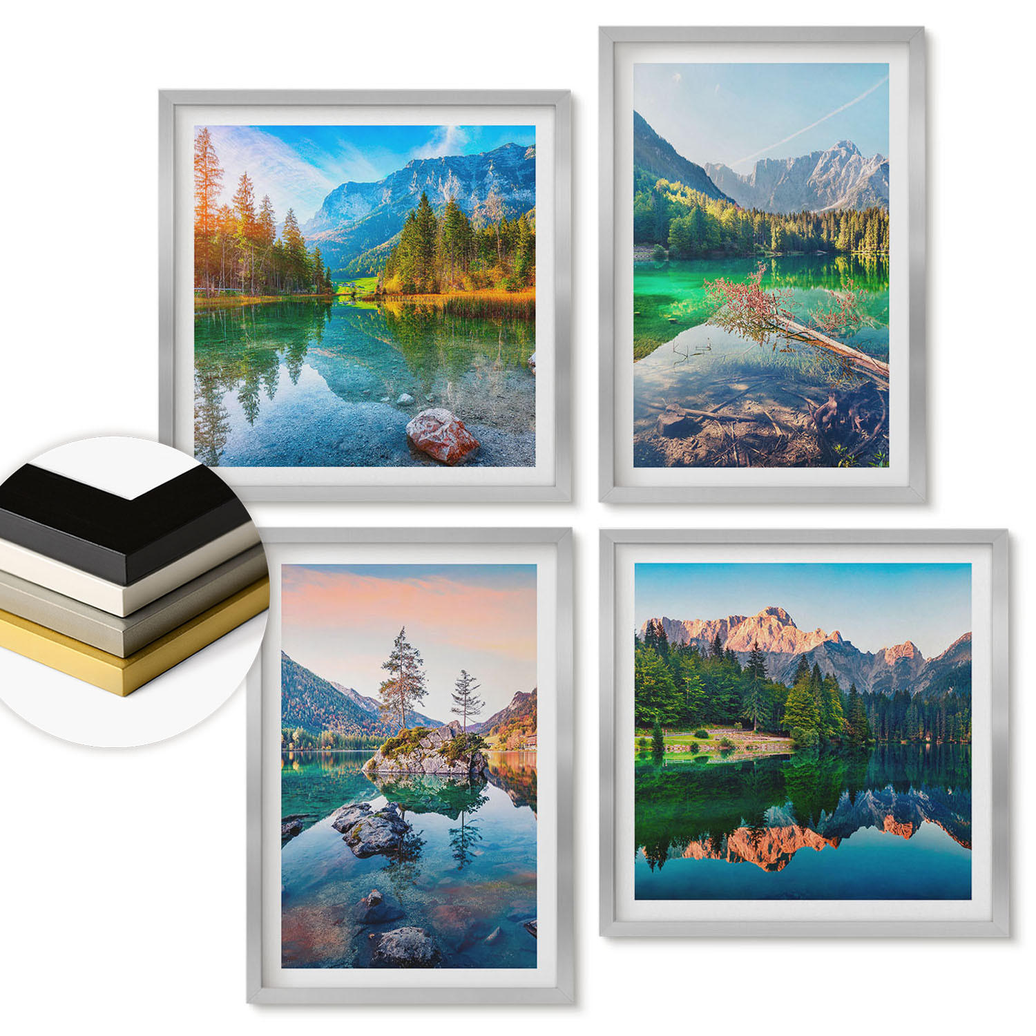 WANDBILDER 4er Set - 50x50 cm & 40x60 cm Silberner Rahmen - Naturlandschaft der Bergseen - Silberfarben, Kunststoff (50/50cm) - ArtPrintCave