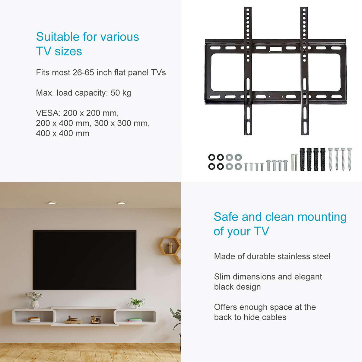 TV-WANDHALTERUNG aus Edelstahl - Schwarz, Metall (42.7/2.3/46cm)