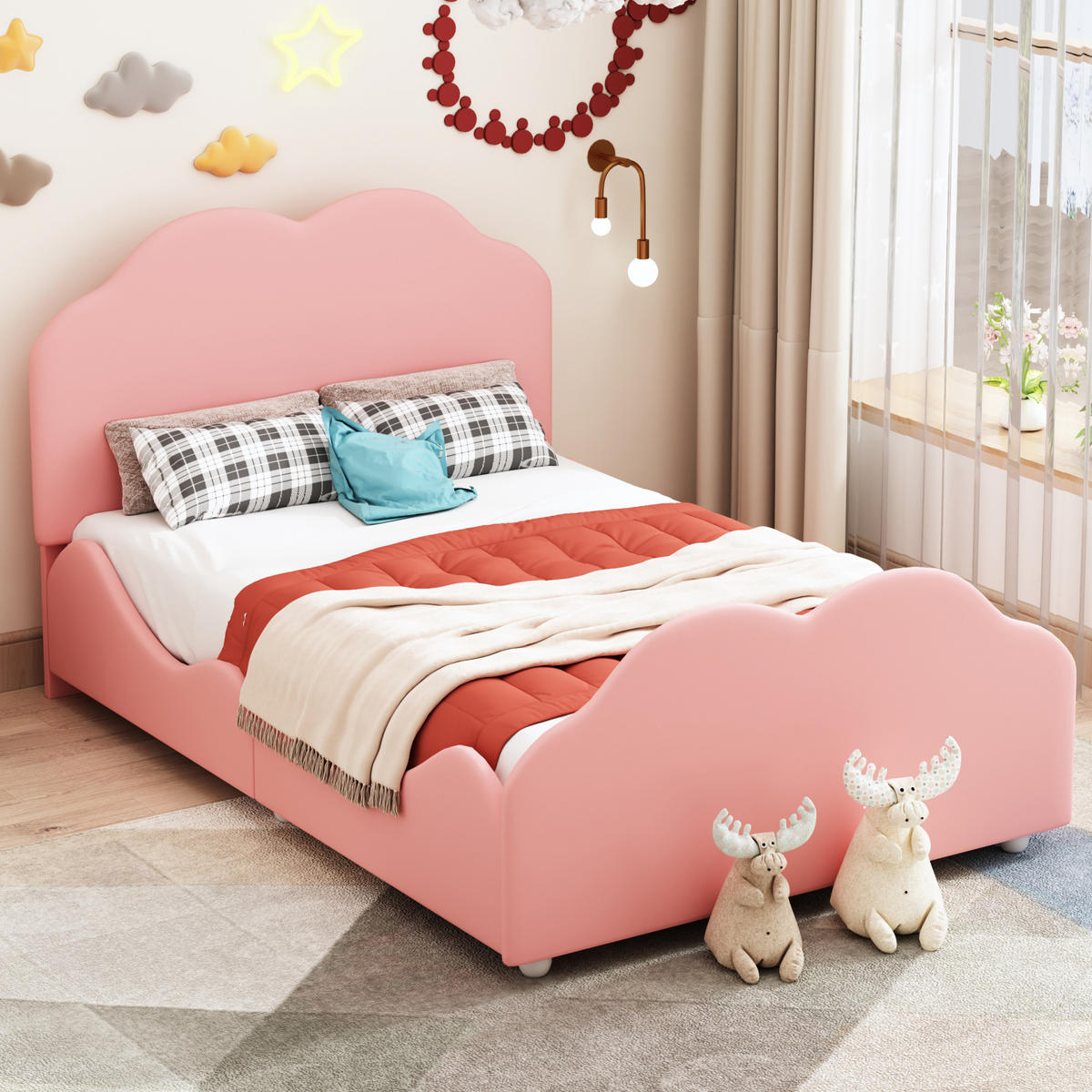 KINDERBETT 90/200 cm mit Schutzgitter und wolkenförmigem Design aus Samt, Rosa - Pink, Textil (90/200cm) - Redom