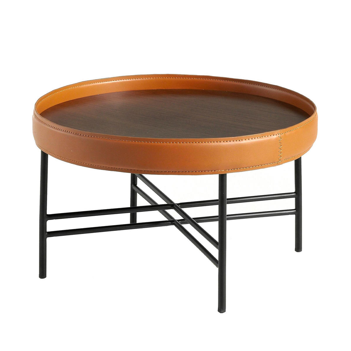 COUCHTISCH Runder Couchtisch aus Kunstleder, Nussbaum und schwarzem Stahl Ø62/35 cm - Nussbaumfarben/Schwarz, Metall (62/62/35cm) - ANGEL CERDA