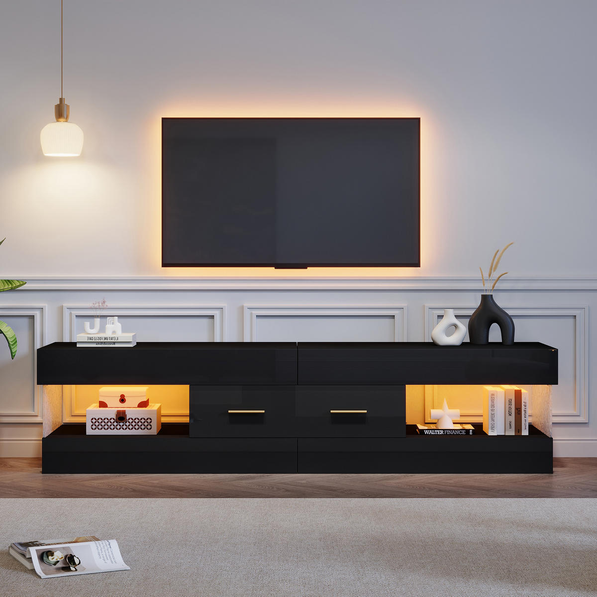 TV-SCHRANK schwarz mit Acryl-Seitenwänden, zwei Schubladen und LED-Beleuchtung 152 × 35 × 40 cm aus Spanplatte - Schwarz, Holzwerkstoff (152/40/35cm) - Luhomfu