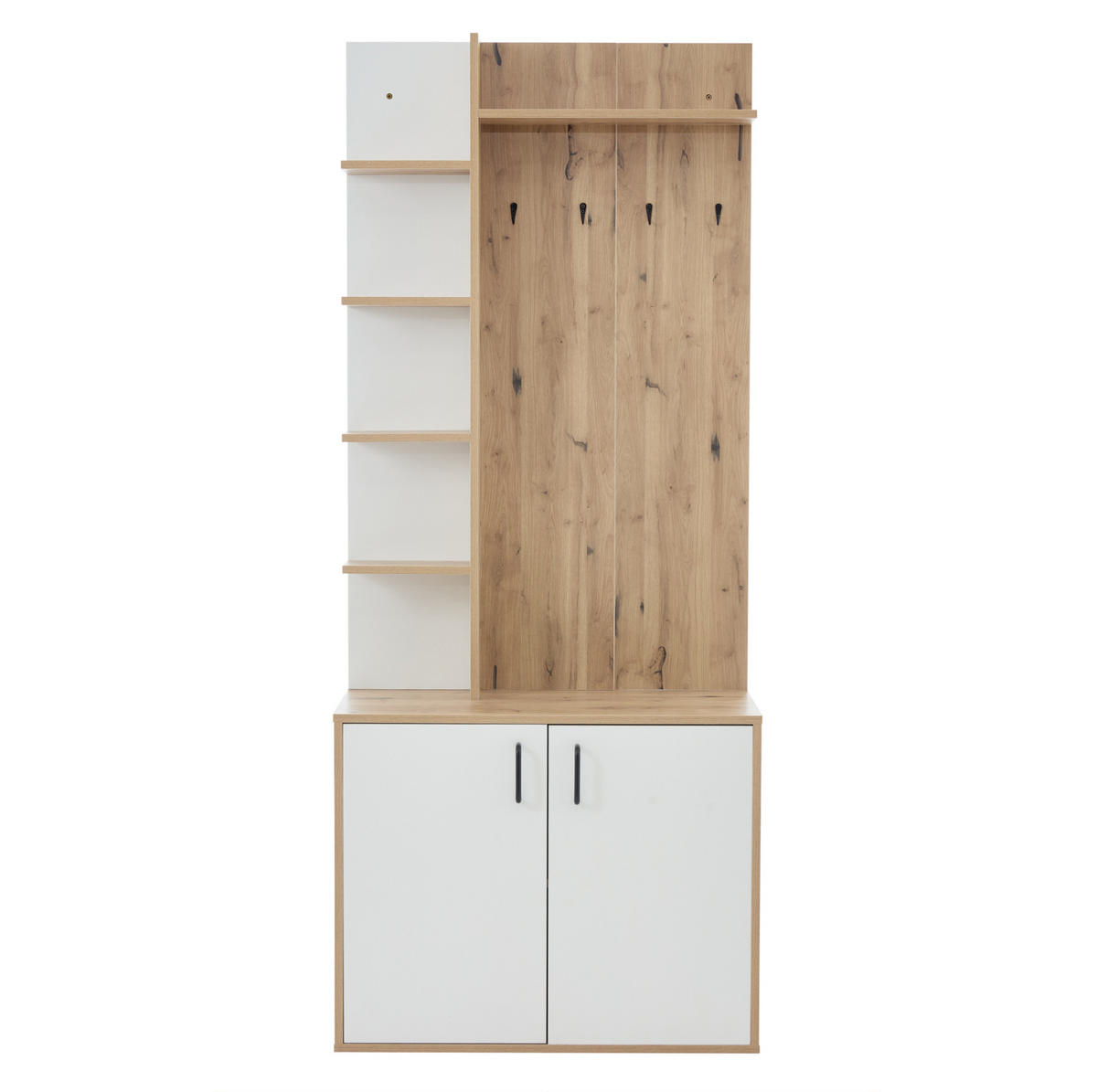 REGAL za čevlje 75/33/180 cm z odprtimi policami in zaprtim omarjem, prostorsko varčen, Naravni les/bele barve - naravne barve, leseni material (33/180/75cm) - Redom
