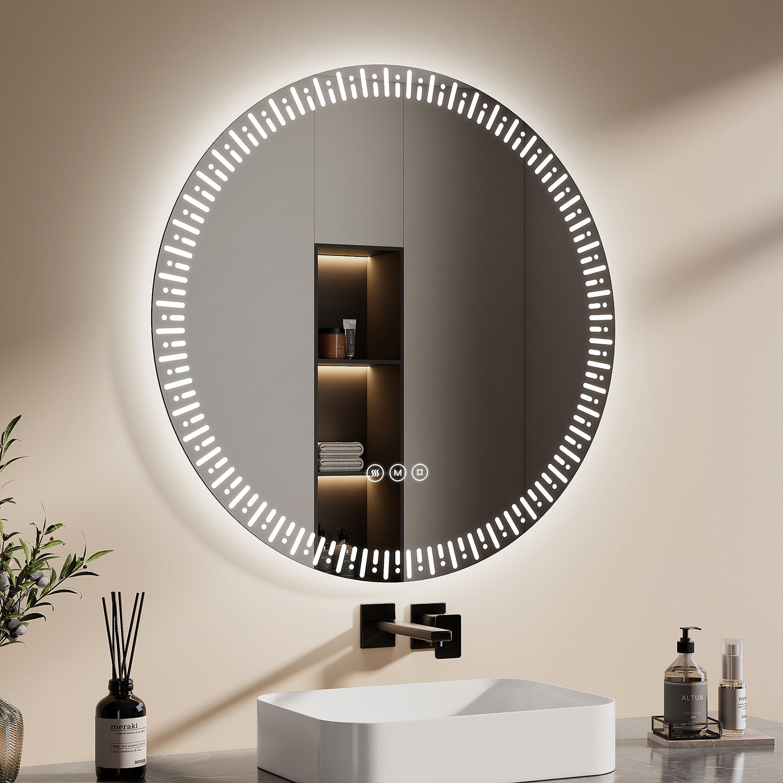 BADSPIEGEL Runder mit Beleuchtung mit Muster ф80 cm - Weiß, Glas (80/3/80cm) - EMKE