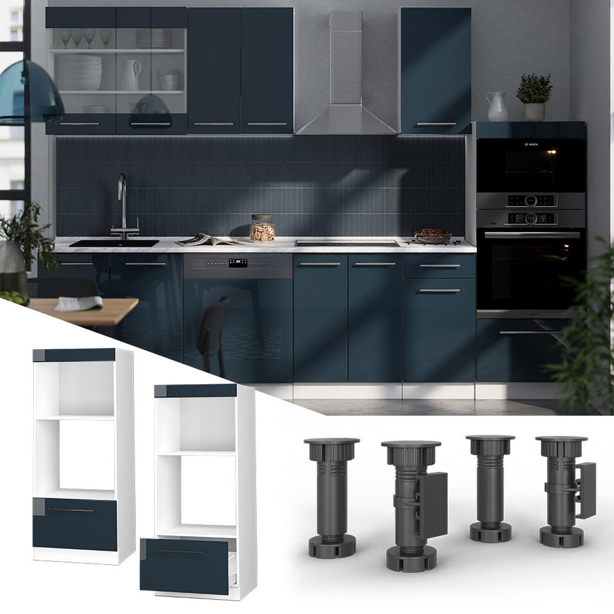 MIKROWELLENSCHRANK Fame-Line Dunkelblau Hochglanz 60 cm offen - Weiß/Dunkelblau, Holzwerkstoff (60/153.6/58.1cm) - Vicco