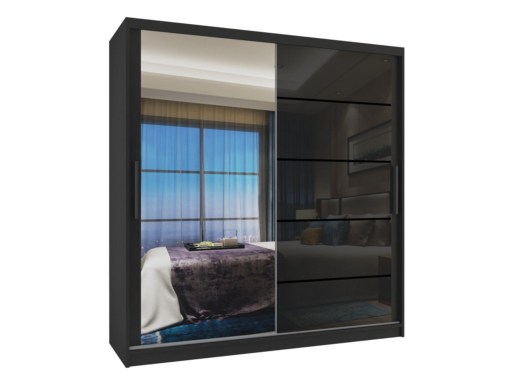 SCHWEBETÜRENSCHRANK Verona MGB, Schwarz Hochglanz, 158 cm, mit Spiegel - Schwarz, Holz (158/216/60cm) - B BELINI GROUP